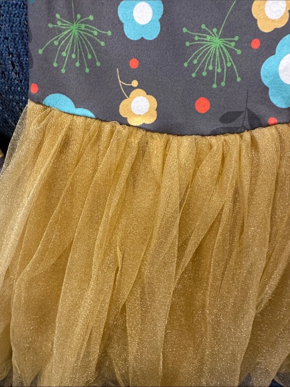 Girls' Floral Gray Dress with Gold Tulle Skirt and Teal Bow